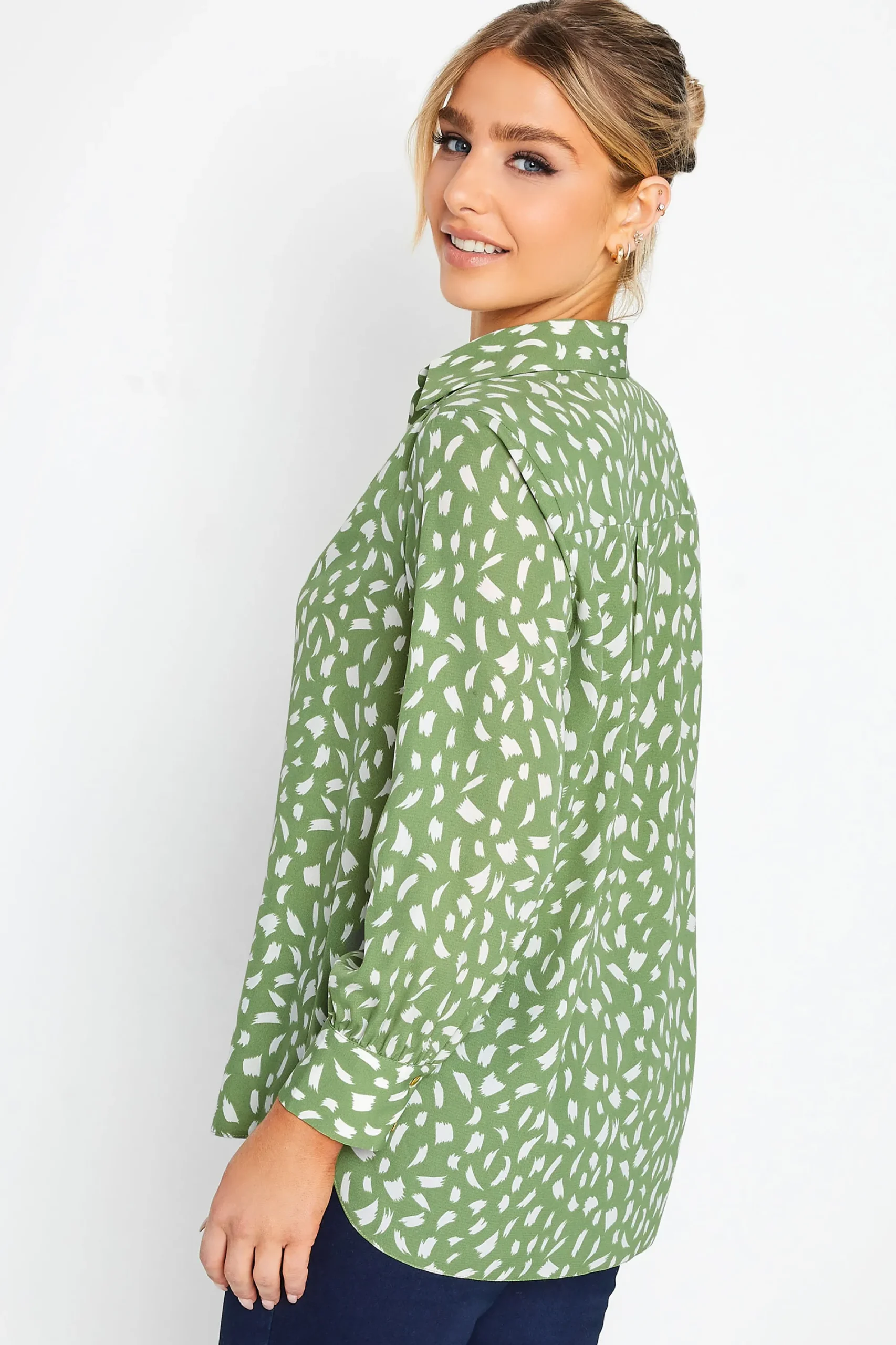 M&Co Womens Green Brush Stroke Print Half Placket Shirt>Women Shirts