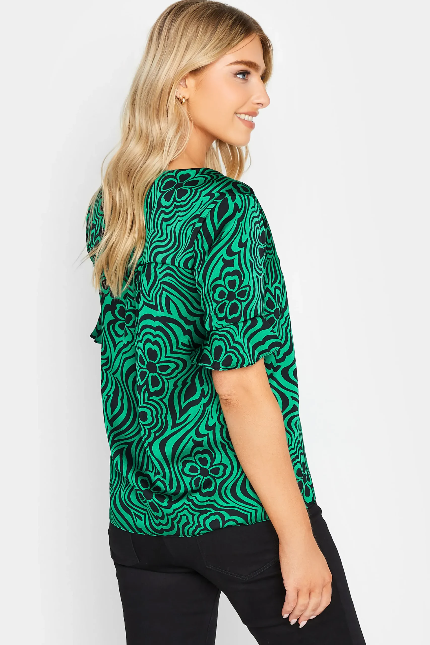 M&Co Womens Green Floral Swirl Print Frill Sleeve Blouse>Women Short Sleeve Tops