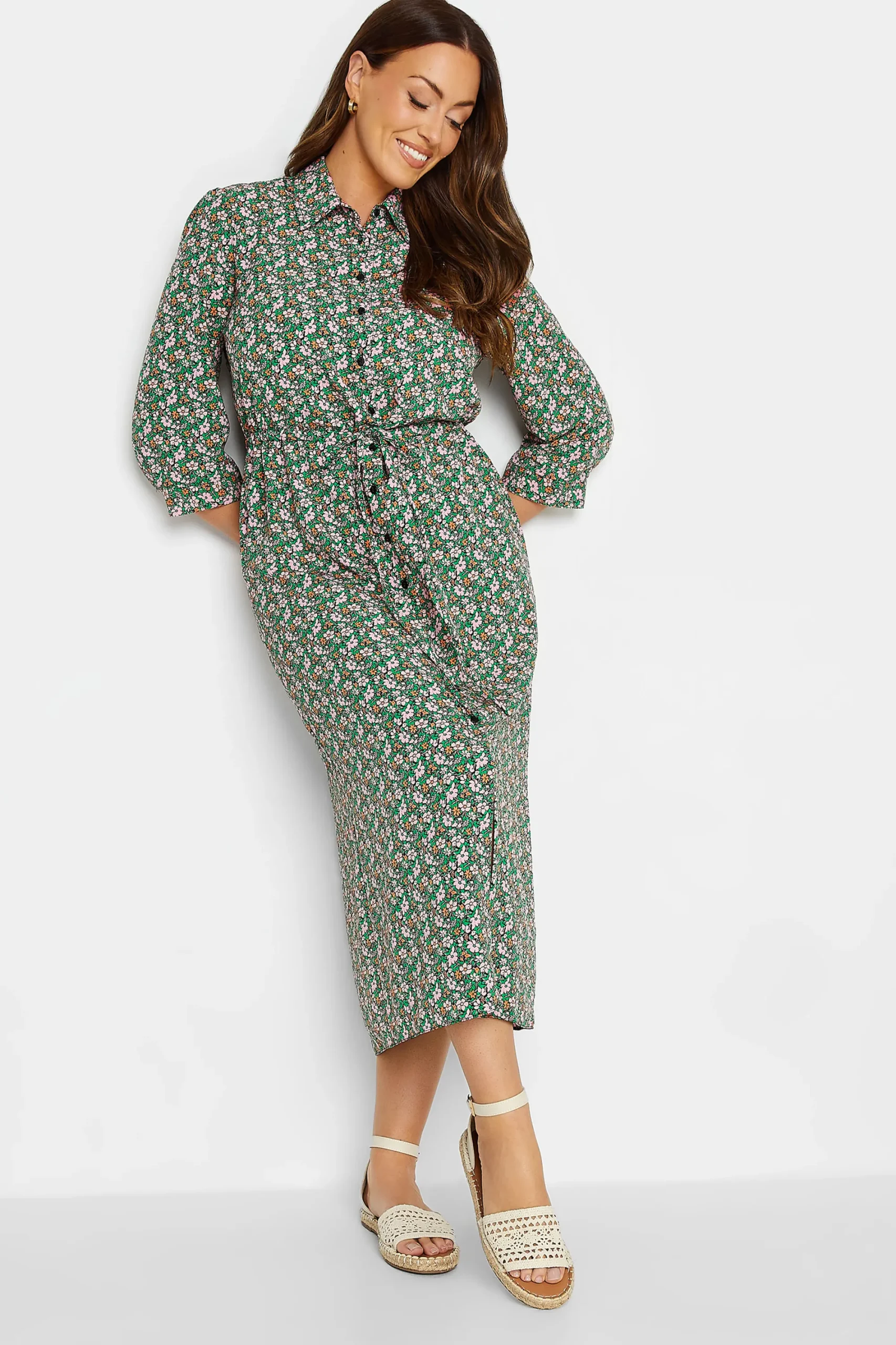 M&Co Womens Green Floral Print Midi Shirt Dress>Women Shirt Dresses