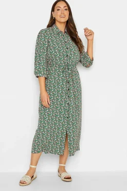 M&Co Womens Green Floral Print Midi Shirt Dress>Women Shirt Dresses