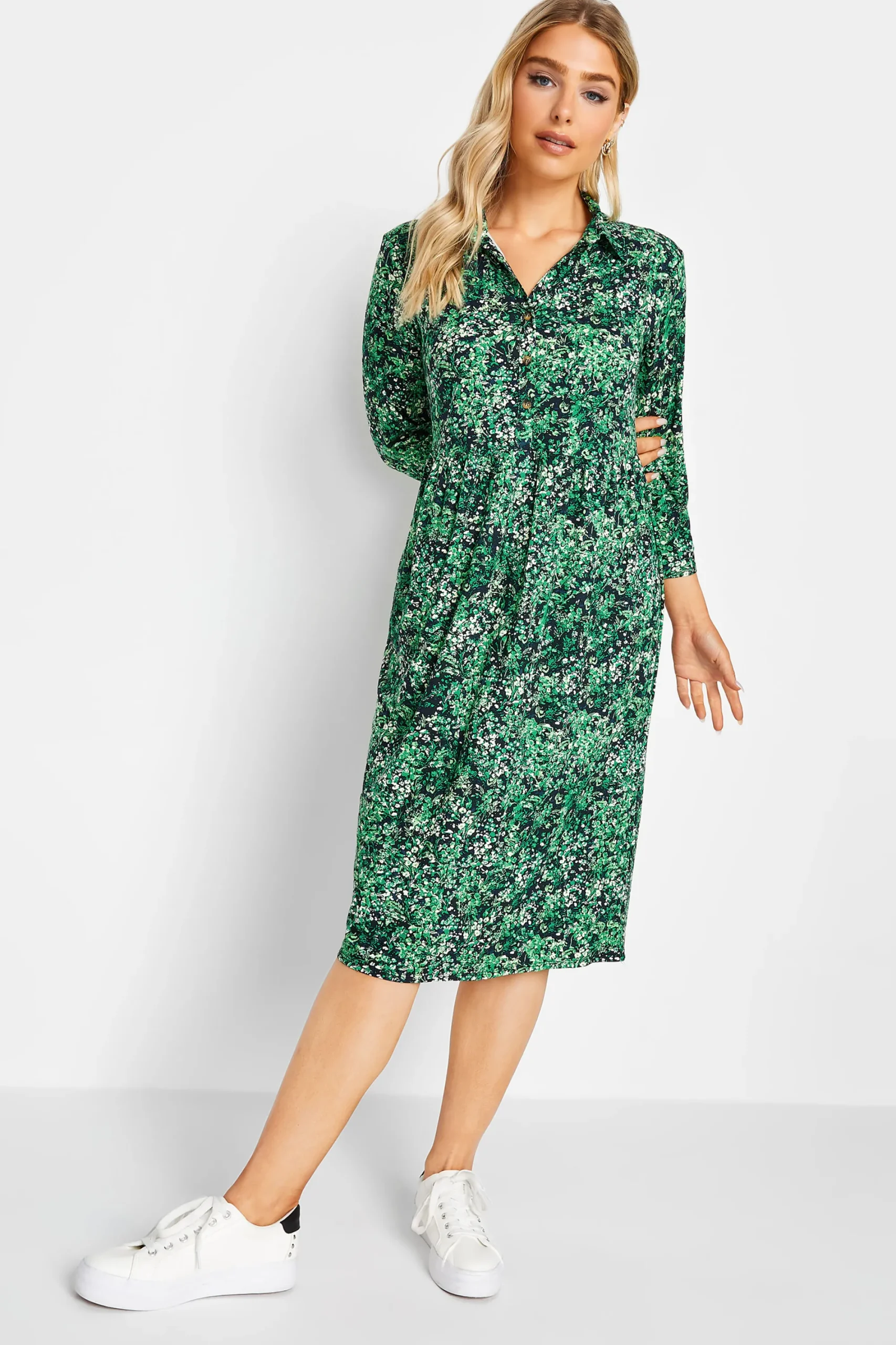 M&Co Womens Green Floral Half Placket Midi Smock Dress>Women Wedding Guest Dresses