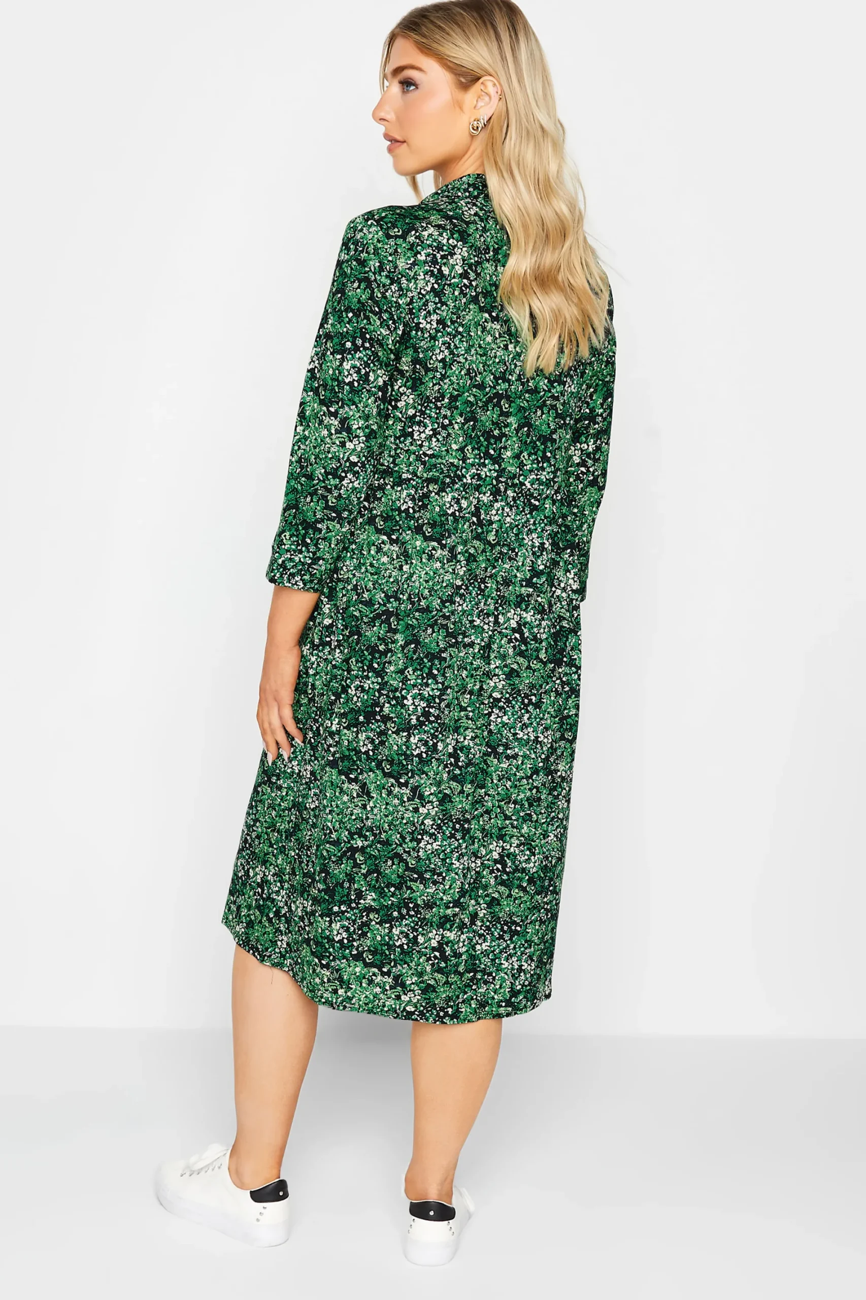 M&Co Womens Green Floral Half Placket Midi Smock Dress>Women Wedding Guest Dresses