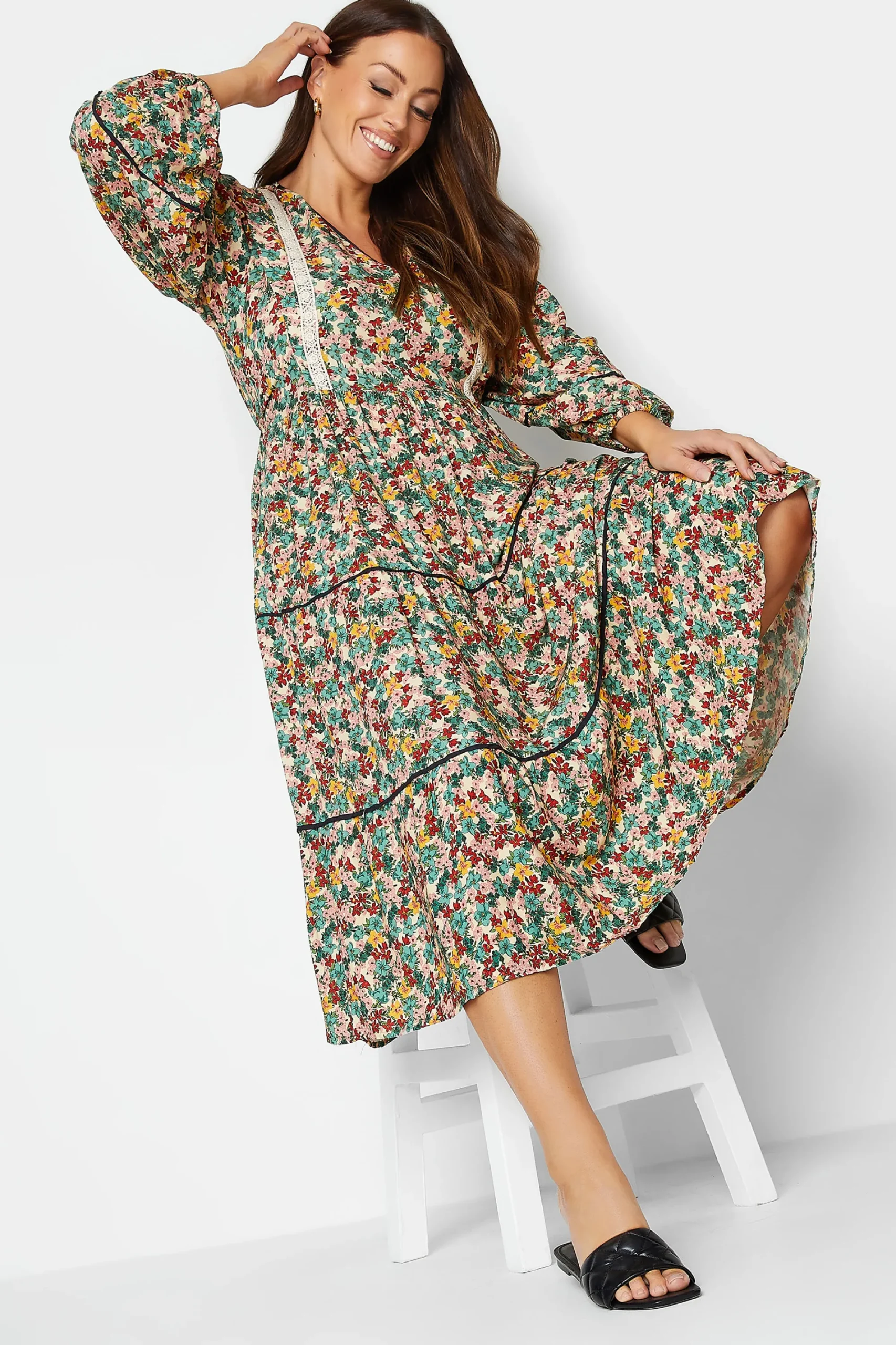 M&Co Womens Green Floral Print Crochet Trim Maxi Dress>Women Maxi Dresses