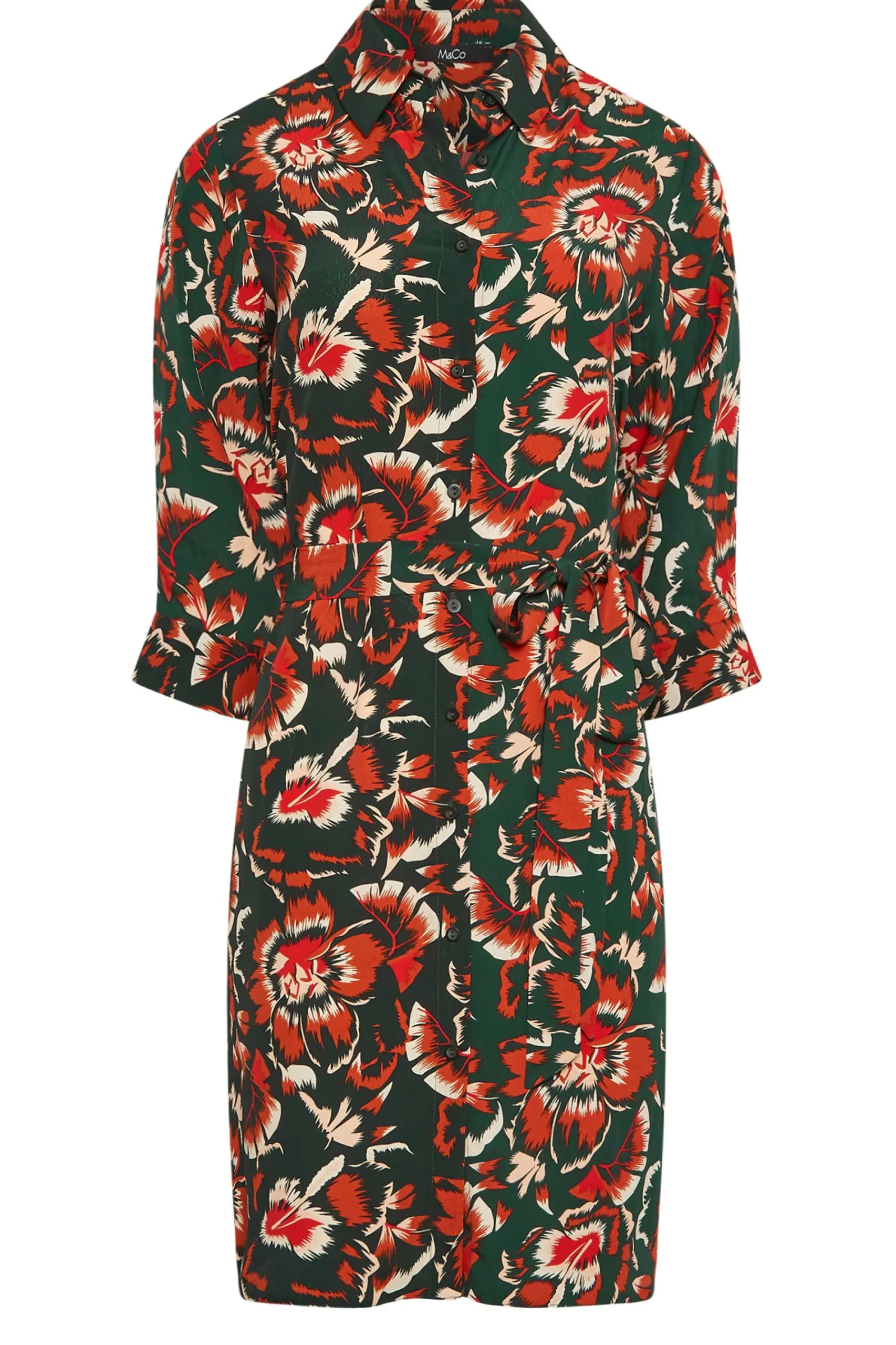 M&Co Womens Green Floral Print Tie Tunic Shirt Dress>Women Shirt Dresses