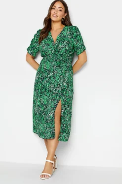 M&Co Womens Green Floral Print Shirred Waist Midi Dress>Women Midi Dresses