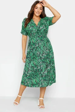 M&Co Womens Green Floral Print Shirred Waist Midi Dress>Women Midi Dresses