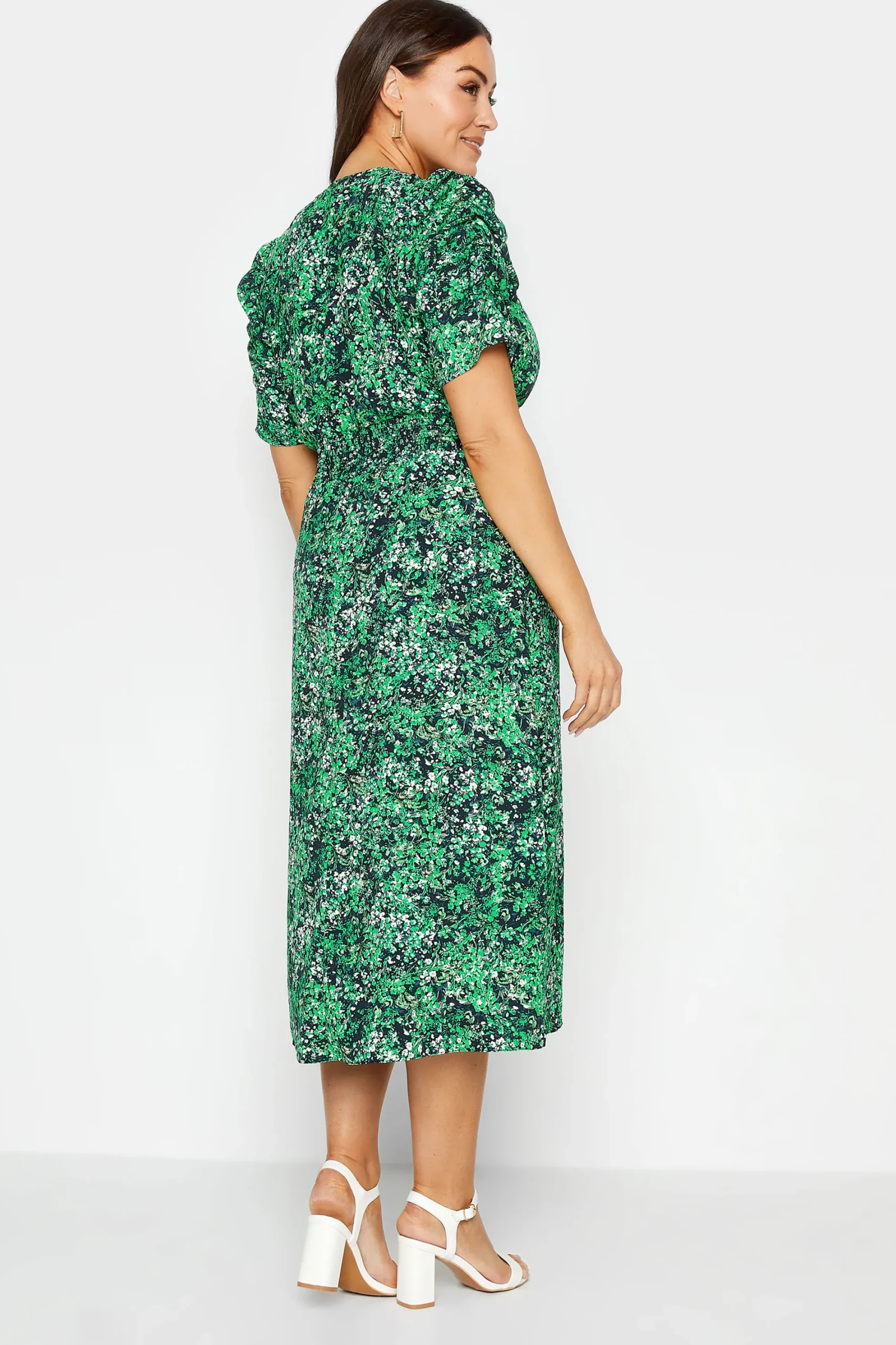 M&Co Womens Green Floral Print Shirred Waist Midi Dress>Women Midi Dresses