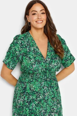 M&Co Womens Green Floral Print Shirred Waist Midi Dress><noscript><img width=