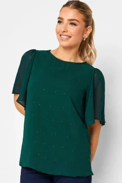 M&Co Womens Green Gem Detail Angel Sleeve Blouse>Women Blouses