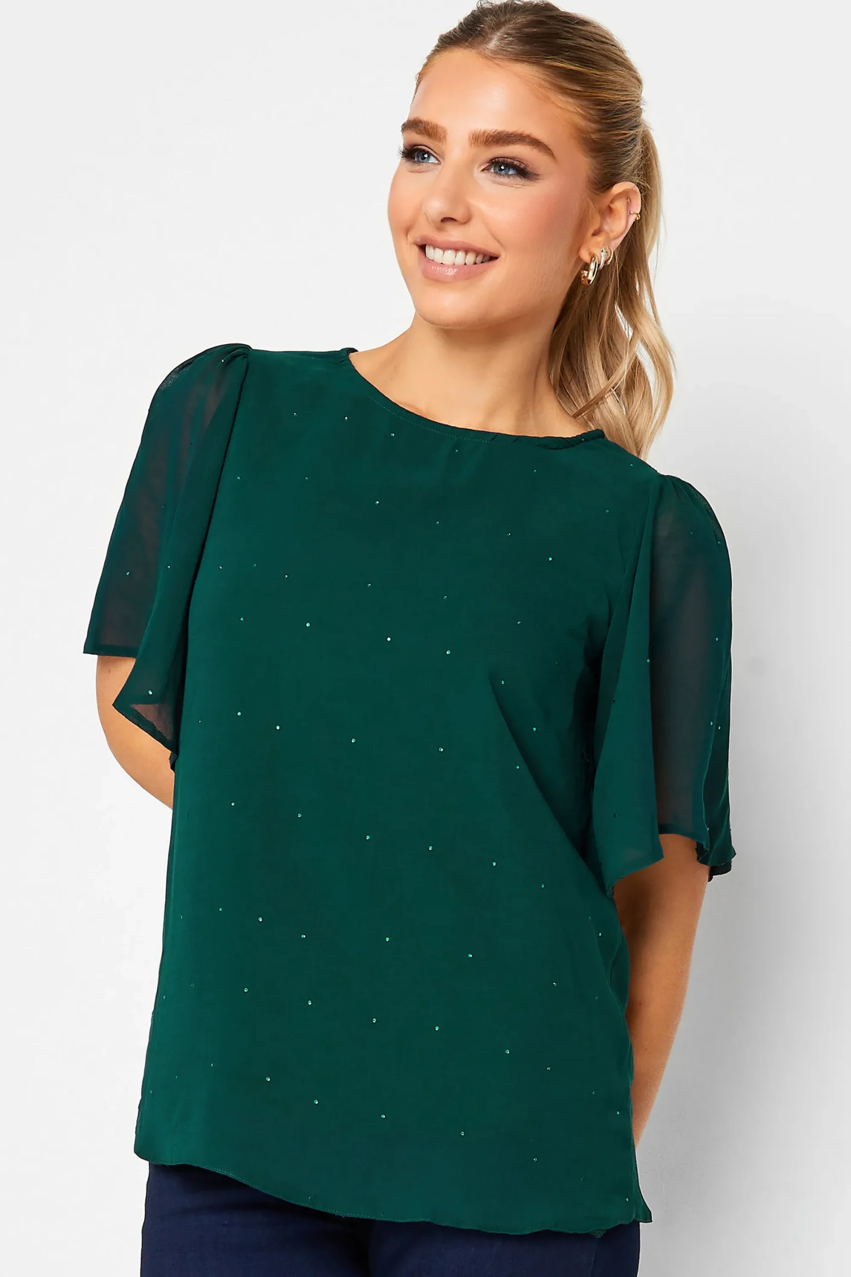 M&Co Womens Green Gem Detail Angel Sleeve Blouse>Women Blouses