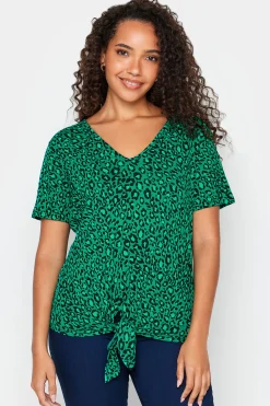 M&Co Womens Green Leopard Print Tie Detail T-Shirt>Women T-Shirts