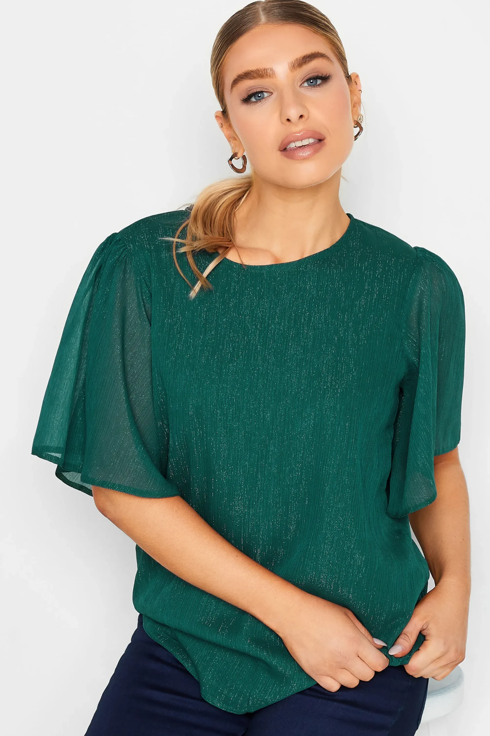 M&Co Womens Green Shimmer Angel Sleeve Blouse>Women Blouses