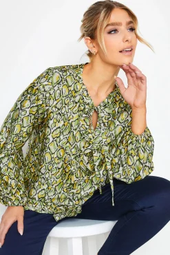 M&Co Womens Green Snake Print Tie Neck Blouse>Women Long Sleeve Tops