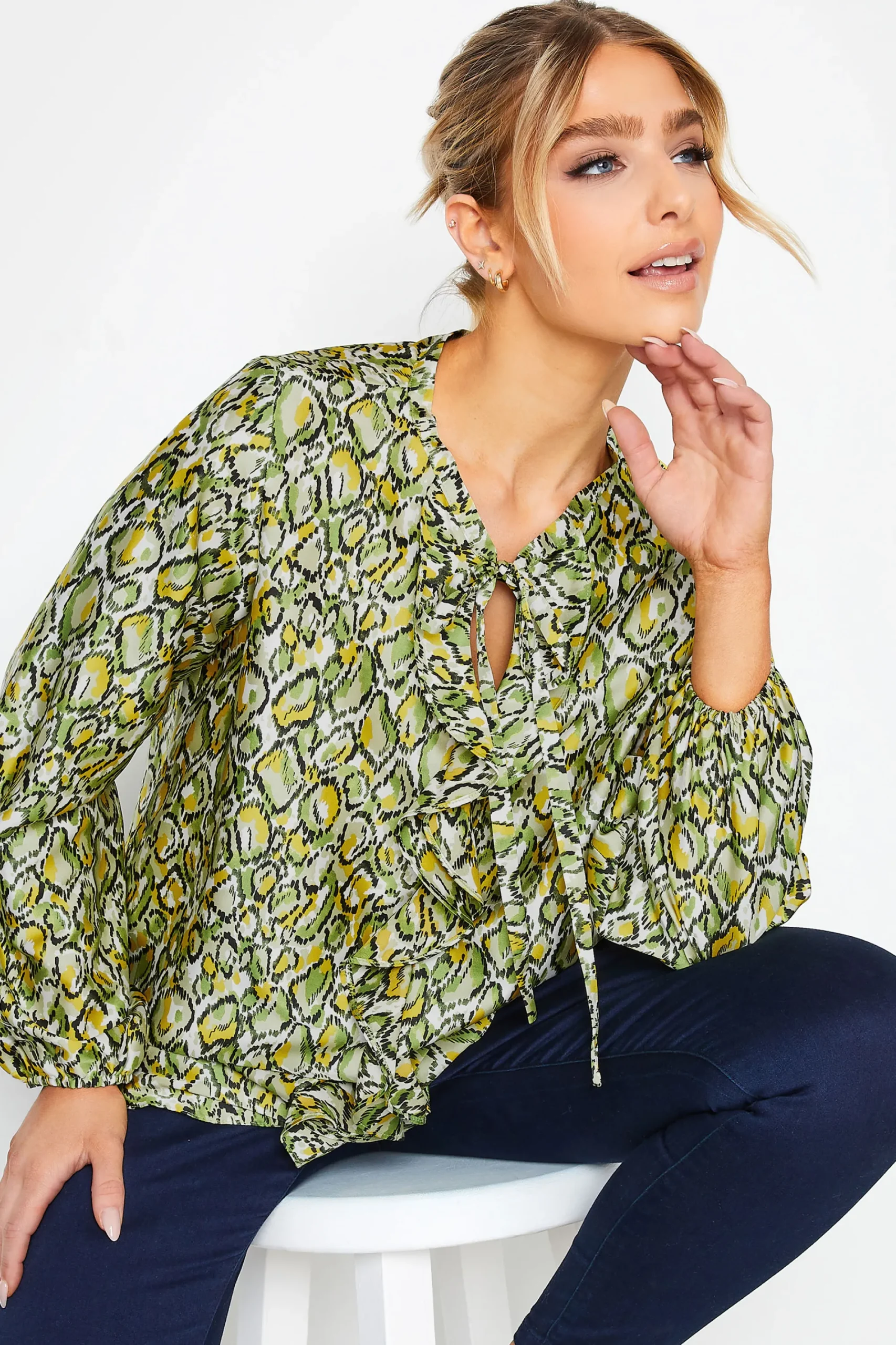 M&Co Womens Green Snake Print Tie Neck Blouse>Women Long Sleeve Tops