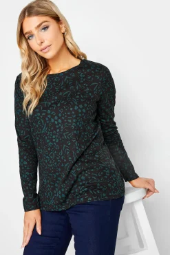 M&Co Womens Green Teal Animal Print Long Sleeve Cotton Top>Women Long Sleeve Tops