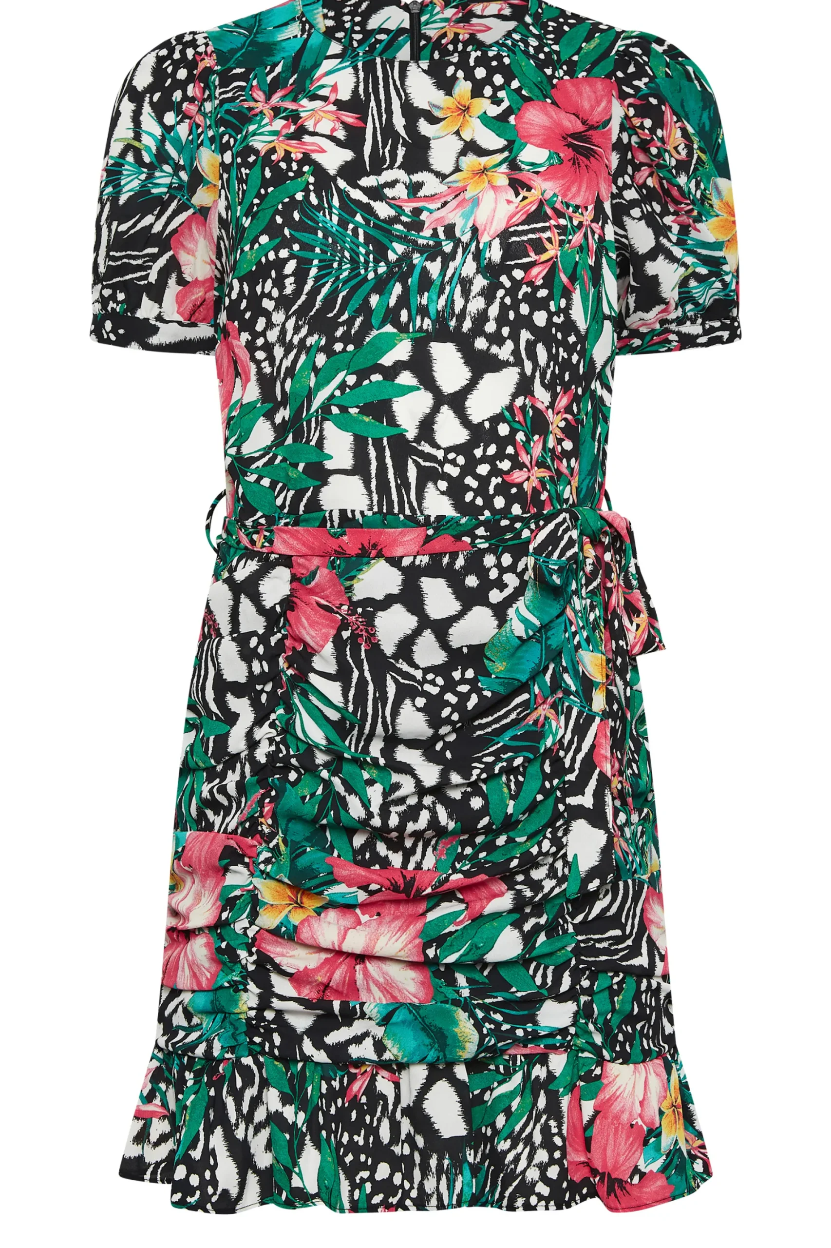 M&Co Womens Green Tropical Print Ruched Mini Dress>Women Wedding Guest Dresses