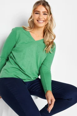 M&Co Womens Green V-Neck Long Sleeve Cotton T-Shirt>Women T-Shirts