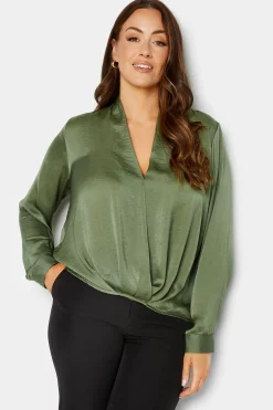 M&Co Womens Green Wrap Front Blouse>Women Long Sleeve Tops