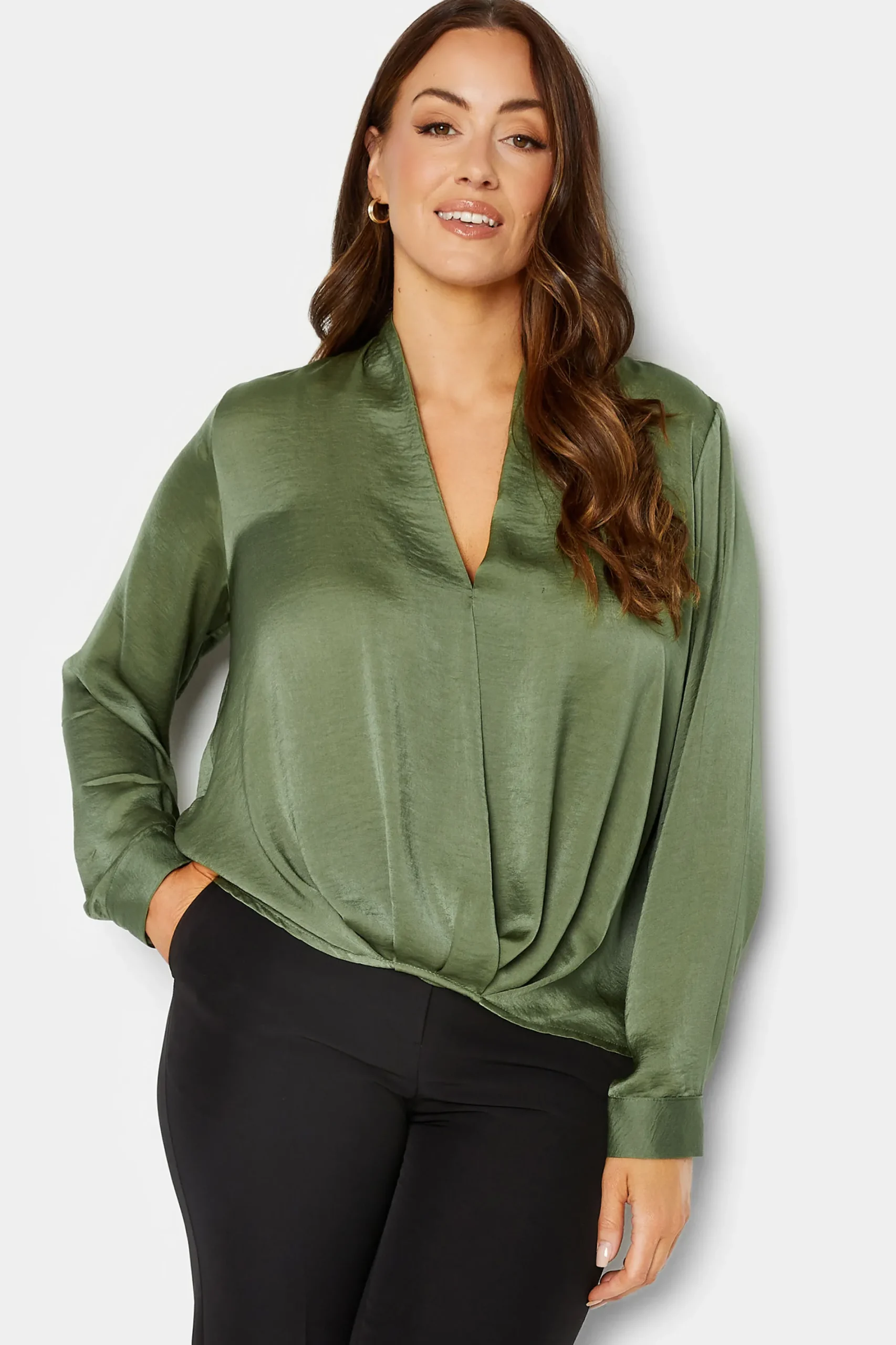M&Co Womens Green Wrap Front Blouse>Women Long Sleeve Tops
