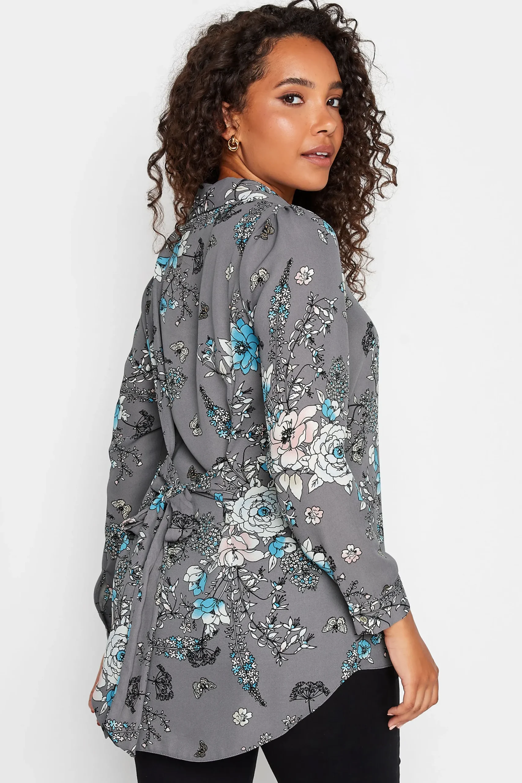 M&Co Womens Grey Floral Print Tie Shirt>Women Shirts