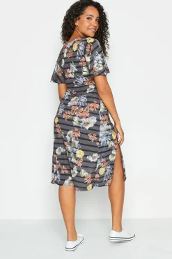 M&Co Womens Grey Floral Stripe Angel Sleeve Split Hem Midi Dress><noscript><img width=
