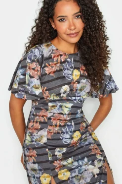 M&Co Womens Grey Floral Stripe Angel Sleeve Split Hem Midi Dress><noscript><img width=