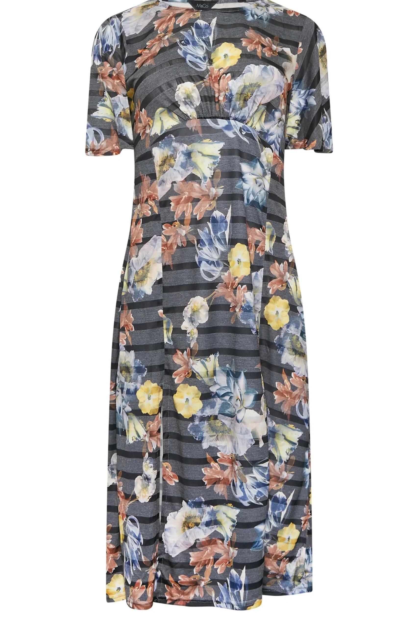 M&Co Womens Grey Floral Stripe Angel Sleeve Split Hem Midi Dress>Women Midi Dresses