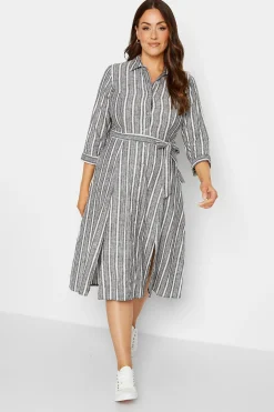 M&Co Womens Grey Stripe Button Through Tie Waist Cotton Dress>Women Shirt Dresses