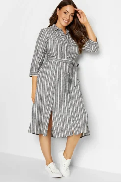 M&Co Womens Grey Stripe Button Through Tie Waist Cotton Dress>Women Shirt Dresses