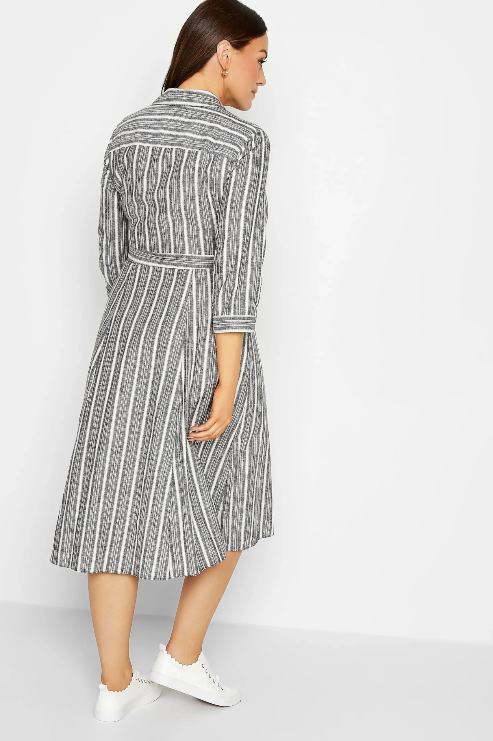 M&Co Womens Grey Stripe Button Through Tie Waist Cotton Dress>Women Shirt Dresses