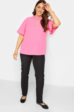 M&Co Womens Hot Pink Embellished Neck Keyhole Blouse>Women Short Sleeve Tops