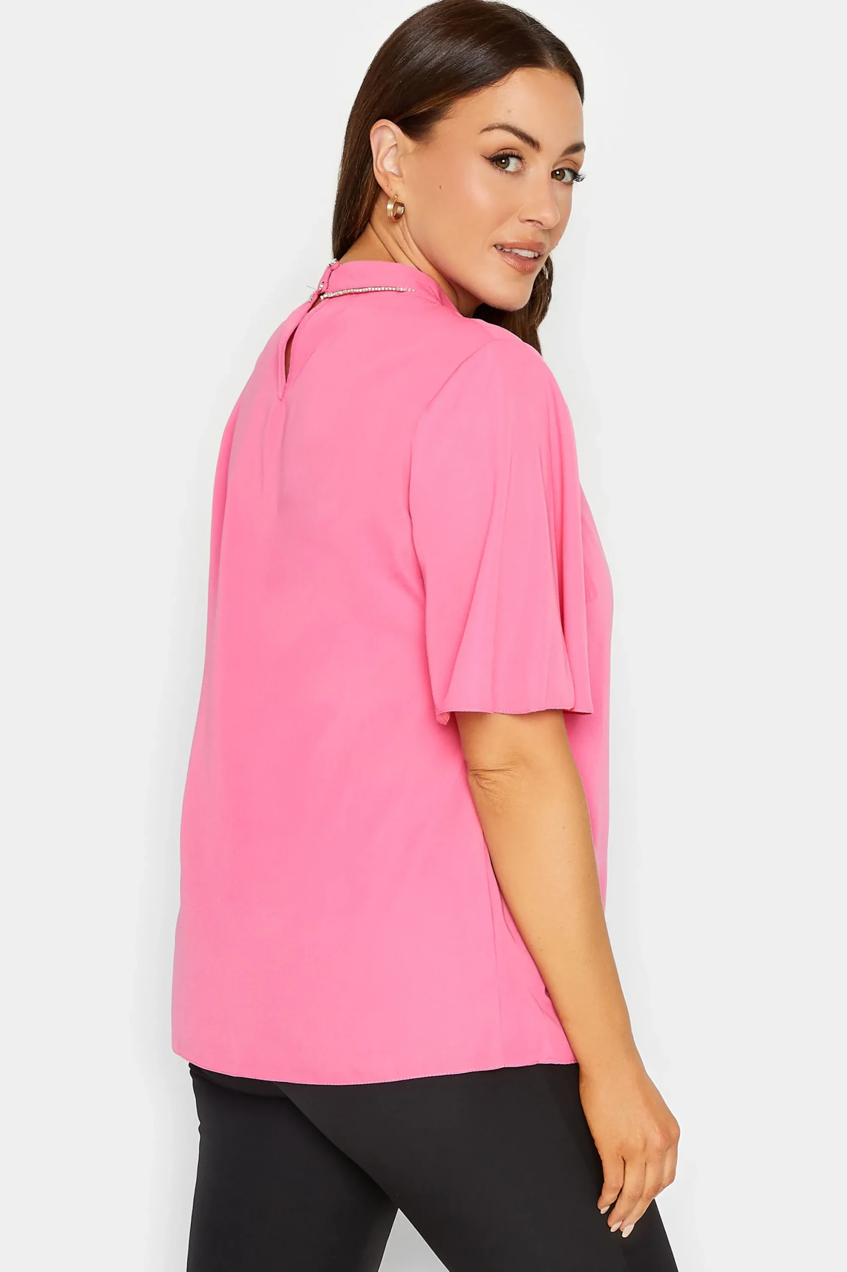 M&Co Womens Hot Pink Embellished Neck Keyhole Blouse>Women Short Sleeve Tops
