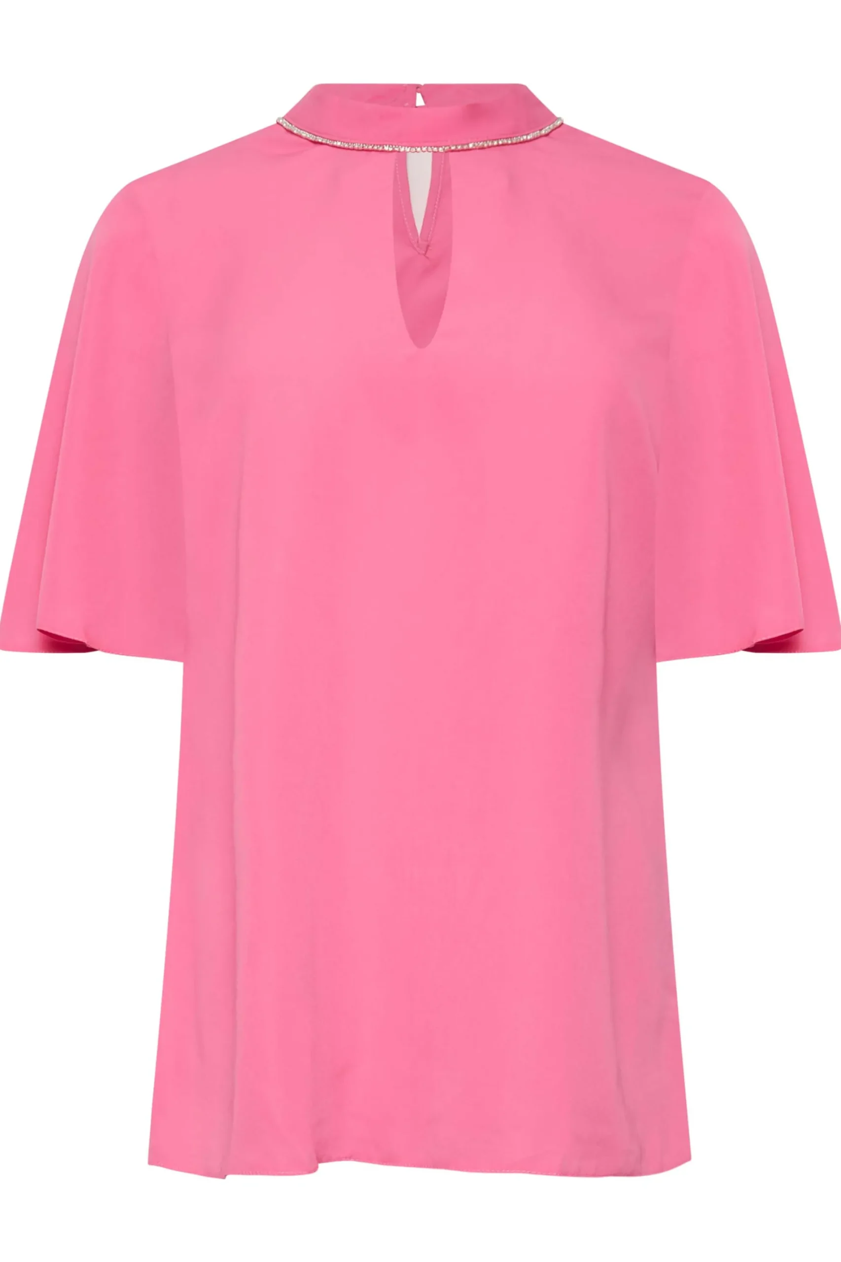 M&Co Womens Hot Pink Embellished Neck Keyhole Blouse>Women Short Sleeve Tops