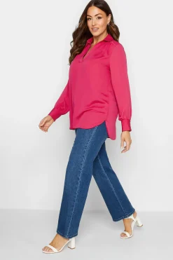 M&Co Womens Hot Pink V-Neck Collared Blouse>Women Long Sleeve Tops
