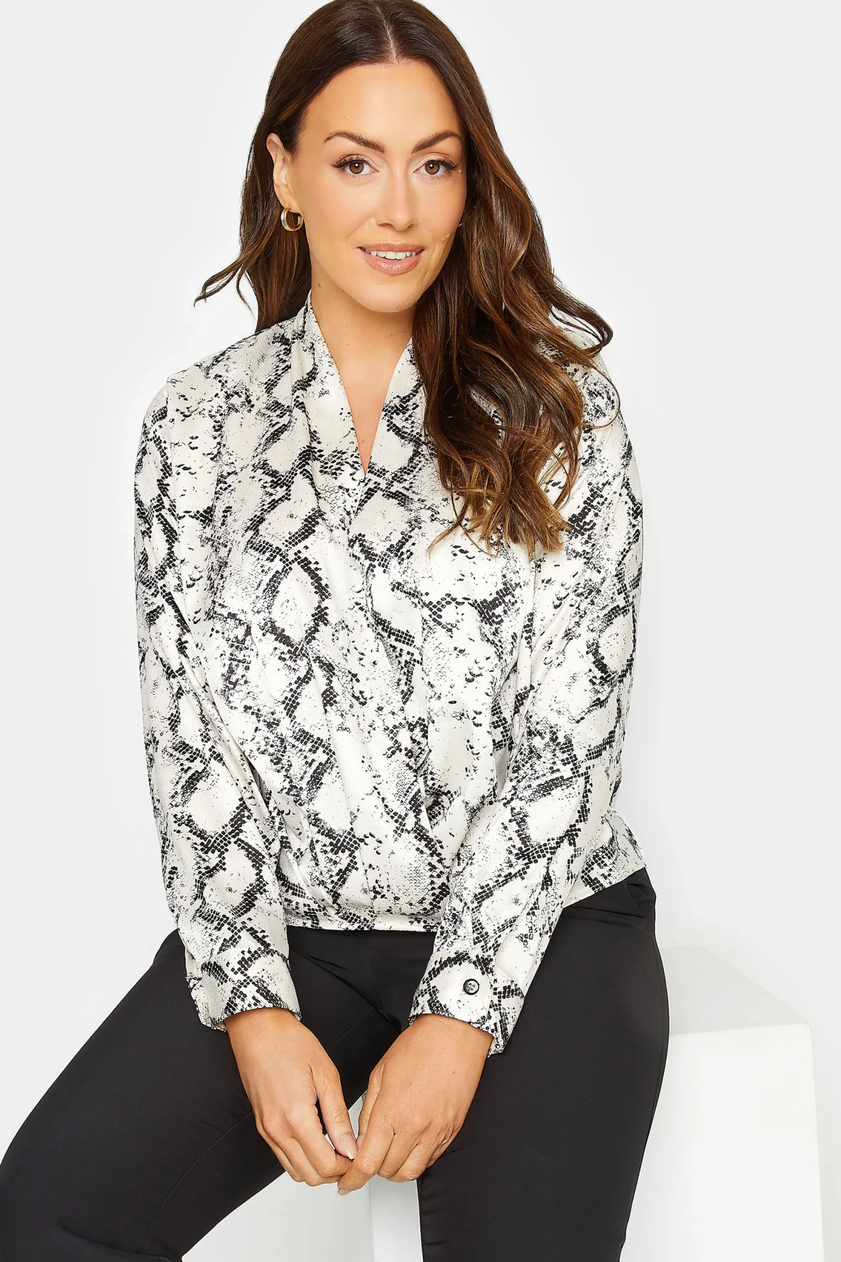 M&Co Womens Ivory White Snake Print Wrap Front Blouse>Women Long Sleeve Tops