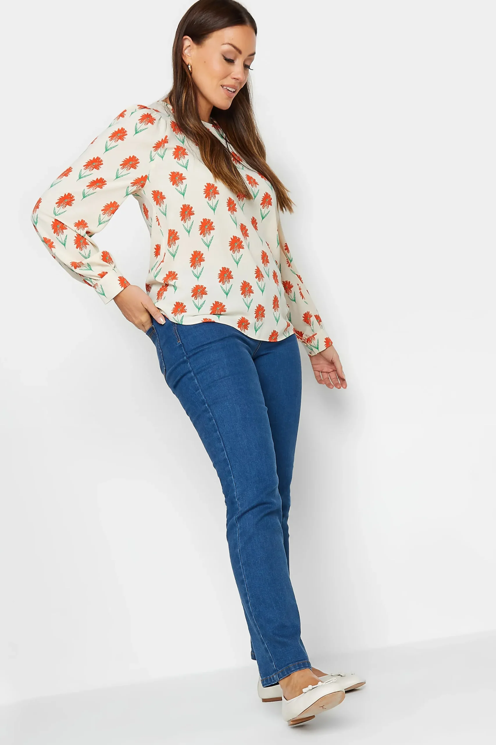 M&Co Womens Ivory White Floral Print Long Sleeve Blouse>Women Shirts