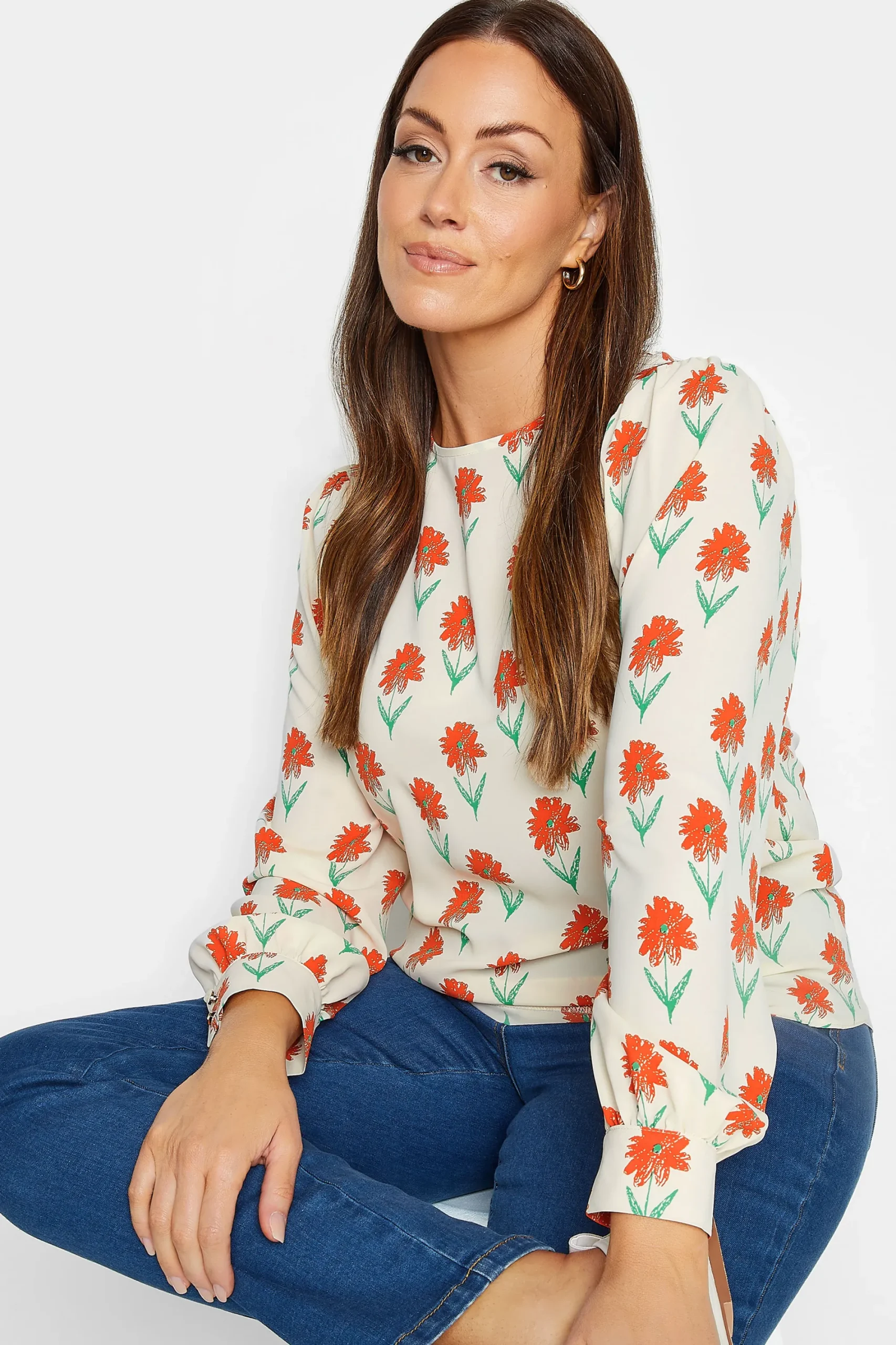 M&Co Womens Ivory White Floral Print Long Sleeve Blouse>Women Shirts