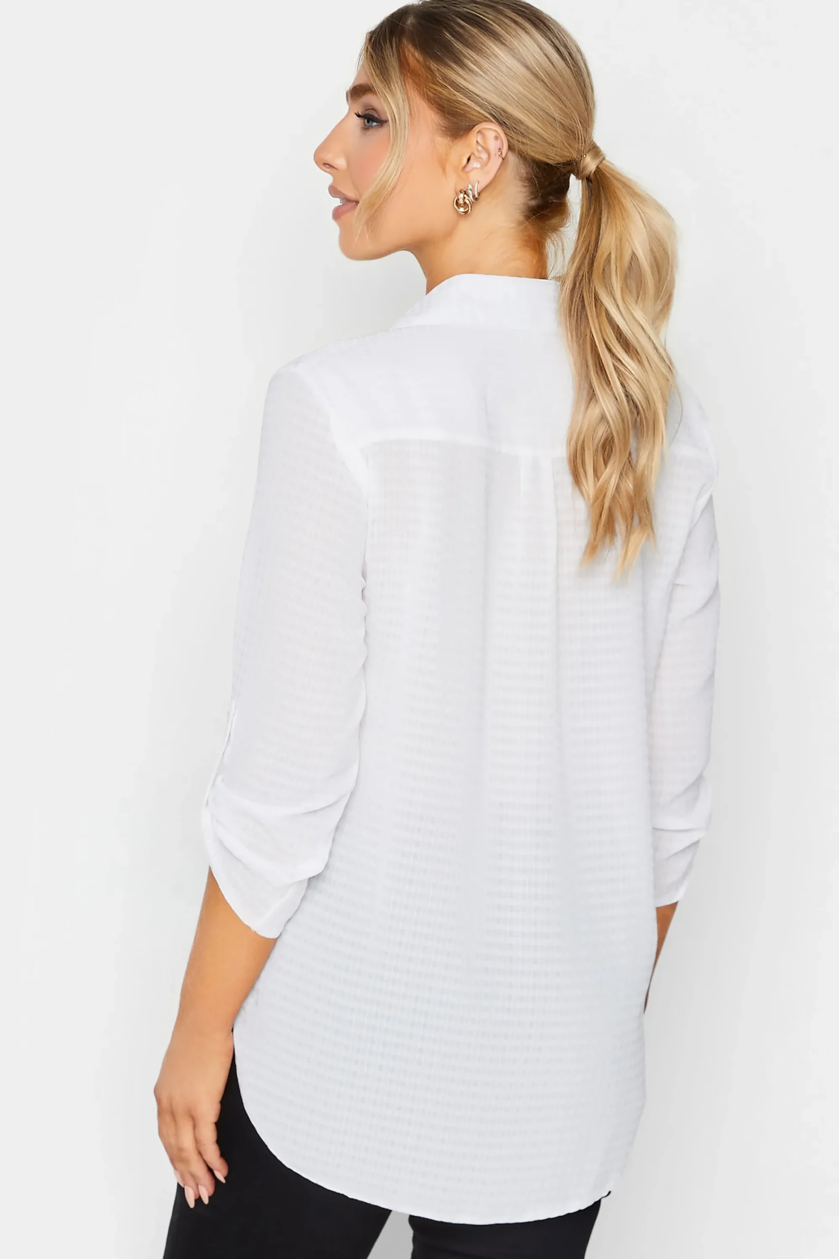 M&Co Womens Ivory White Dobby Check Tab Sleeve Shirt>Women Shirts