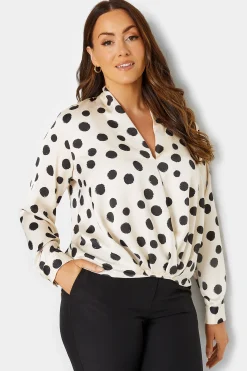 M&Co Womens Ivory White Polka Dot Print Wrap Front Blouse>Women Long Sleeve Tops