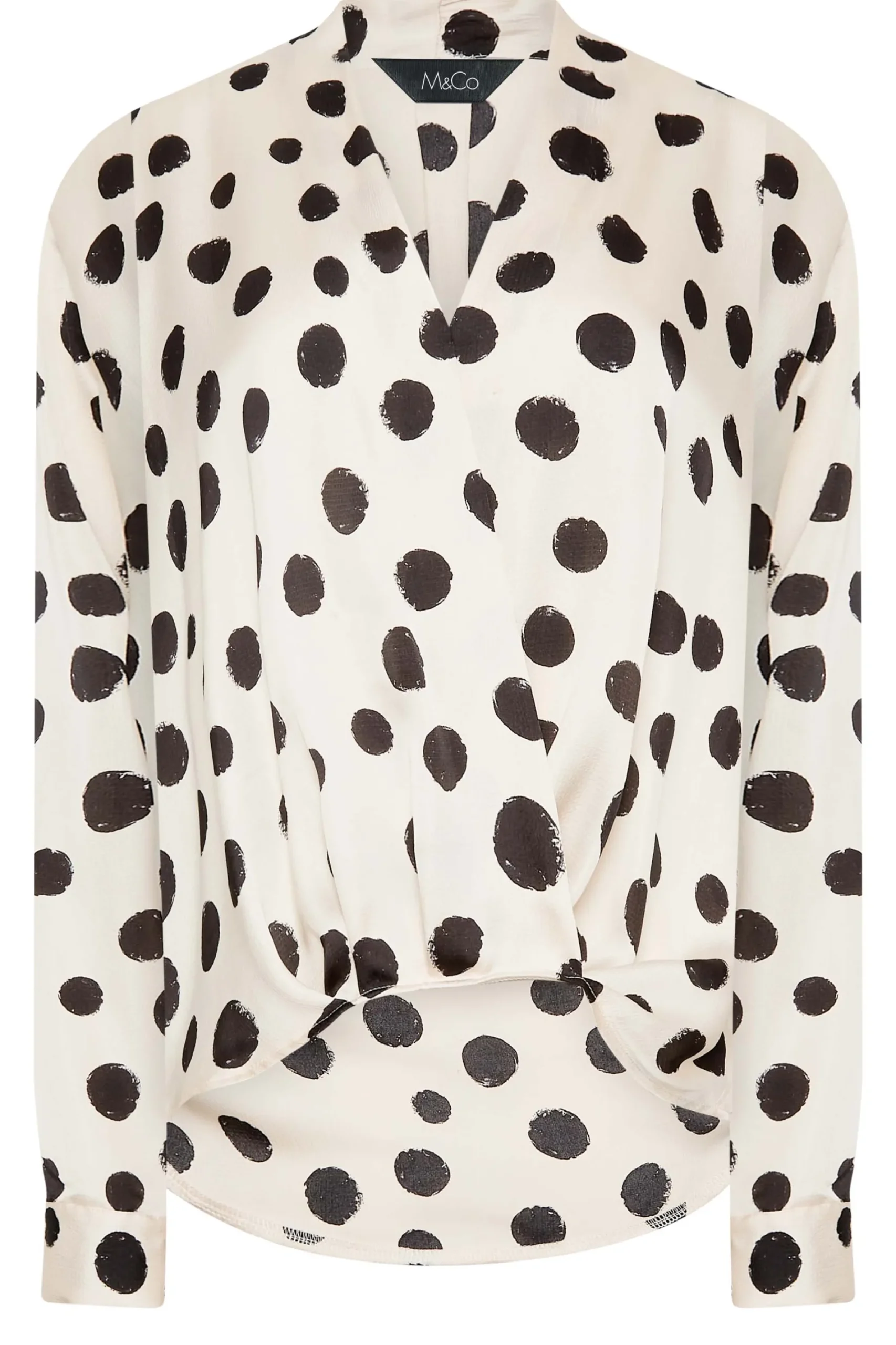 M&Co Womens Ivory White Polka Dot Print Wrap Front Blouse>Women Long Sleeve Tops