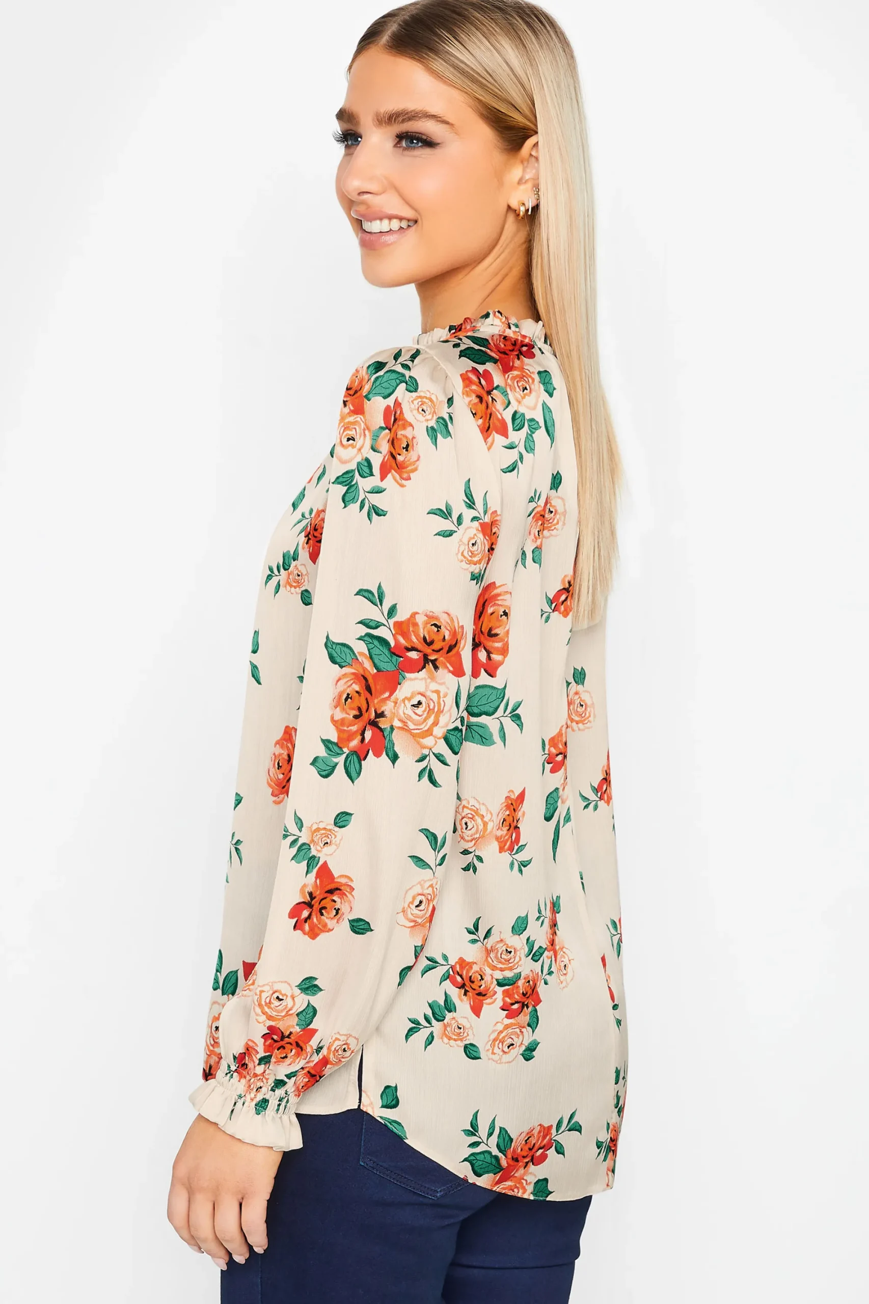 M&Co Womens Ivory White Floral Print Frill Neck Blouse>Women Long Sleeve Tops
