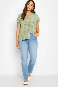 M&Co Womens Khaki Green Gingham Short Sleeve Shirt>Women Short Sleeve Tops
