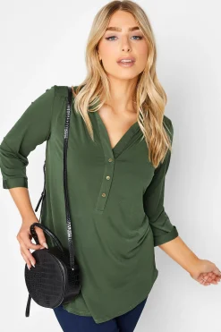 M&Co Womens Khaki Green Half Placket Shirt>Women Shirts