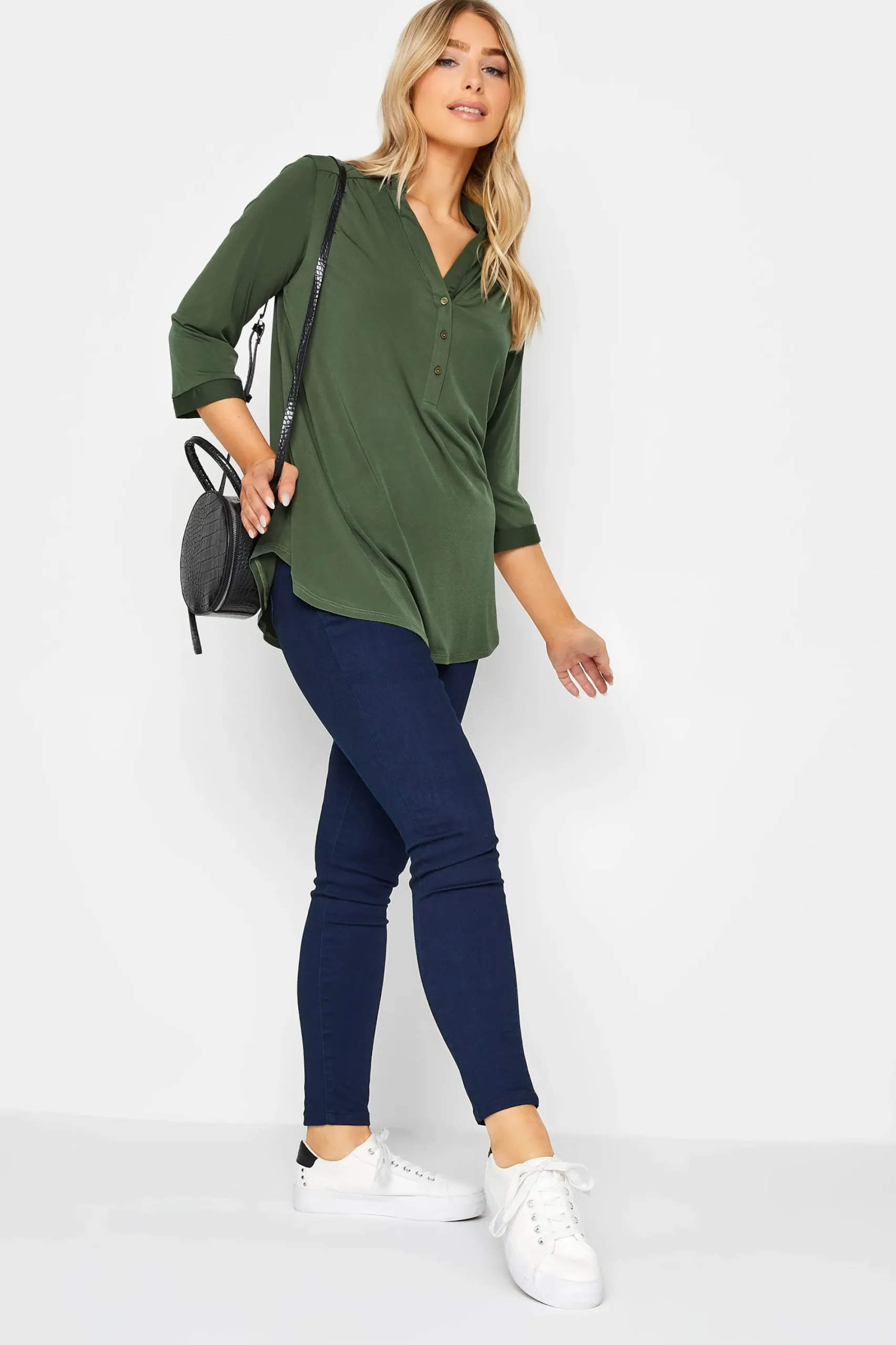 M&Co Womens Khaki Green Half Placket Shirt>Women Shirts