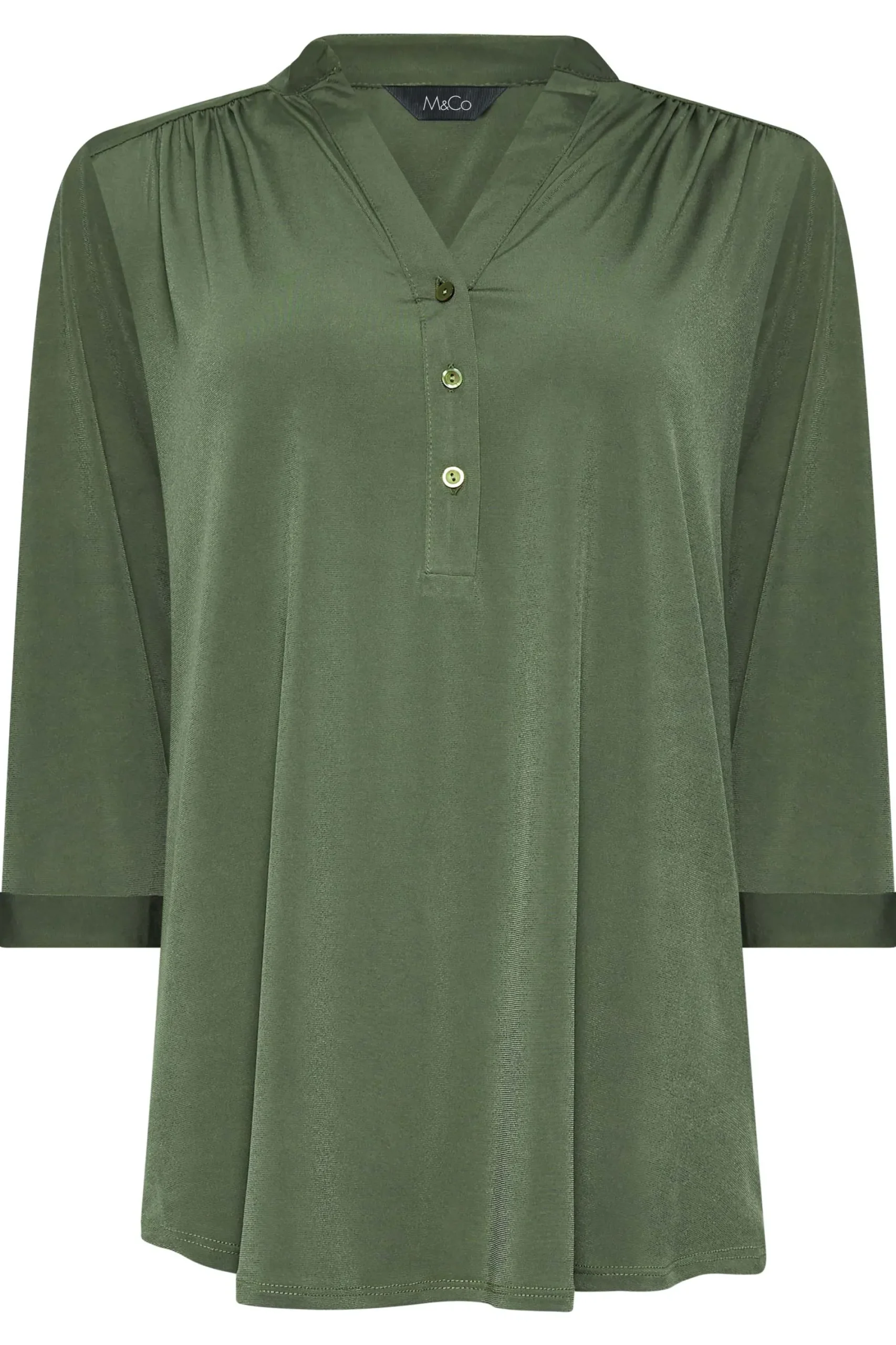 M&Co Womens Khaki Green Half Placket Shirt>Women Shirts