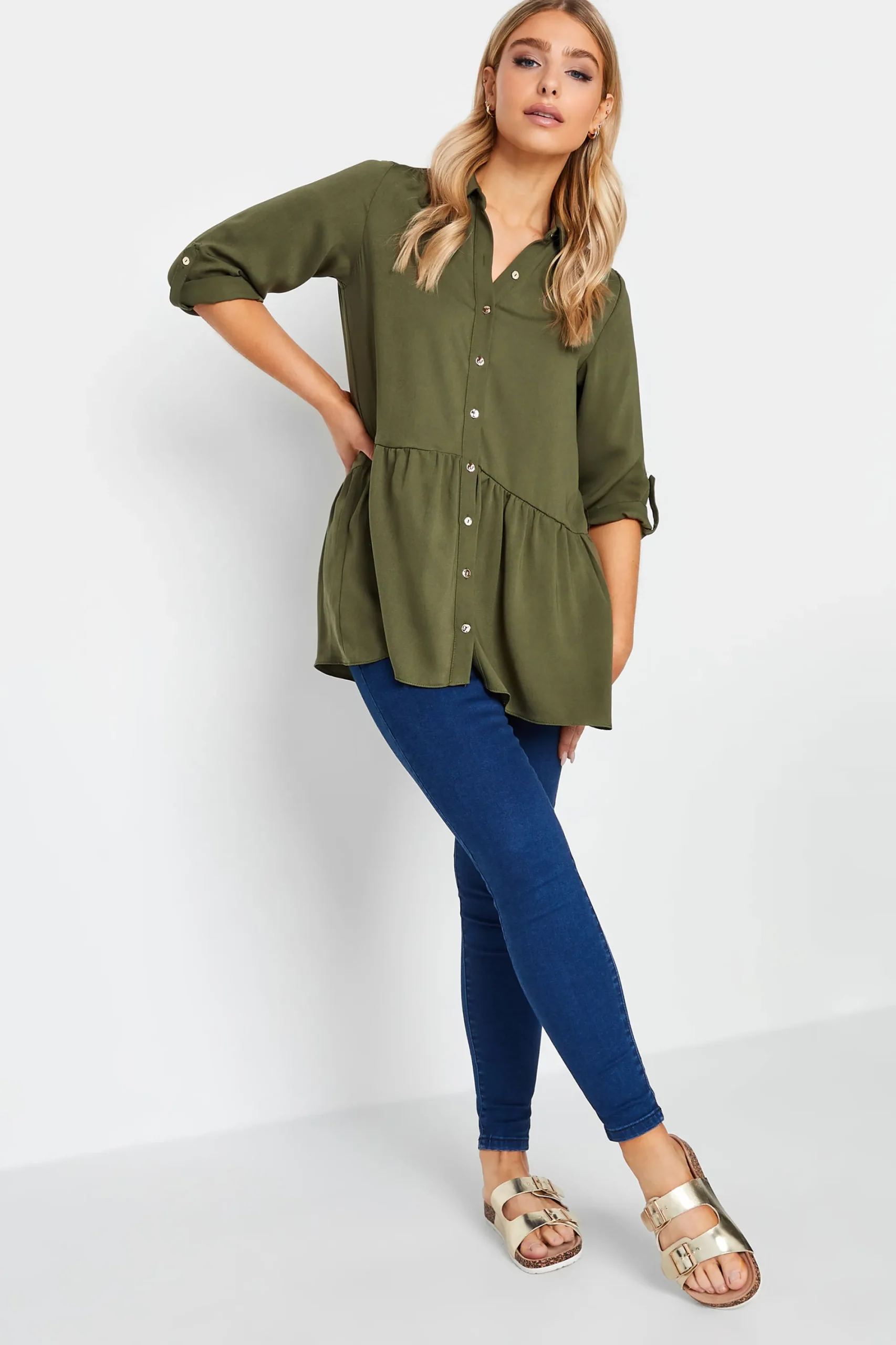 M&Co Womens Khaki Green Frill Hem Shirt>Women Shirts