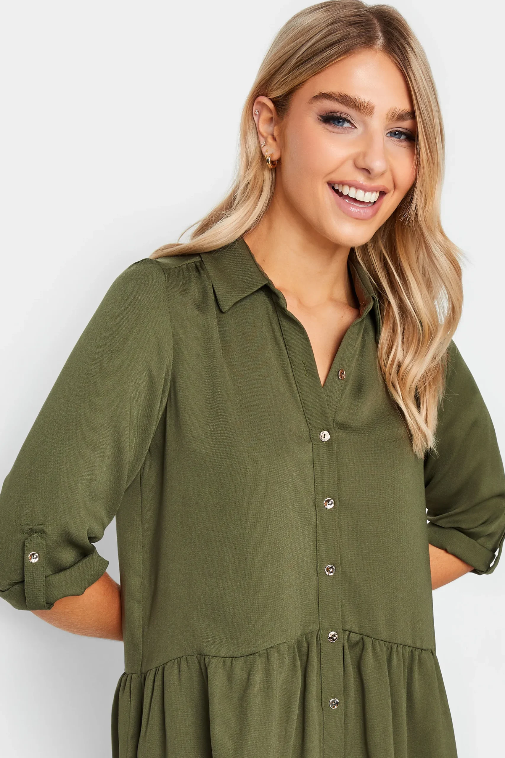 M&Co Womens Khaki Green Frill Hem Shirt>Women Shirts