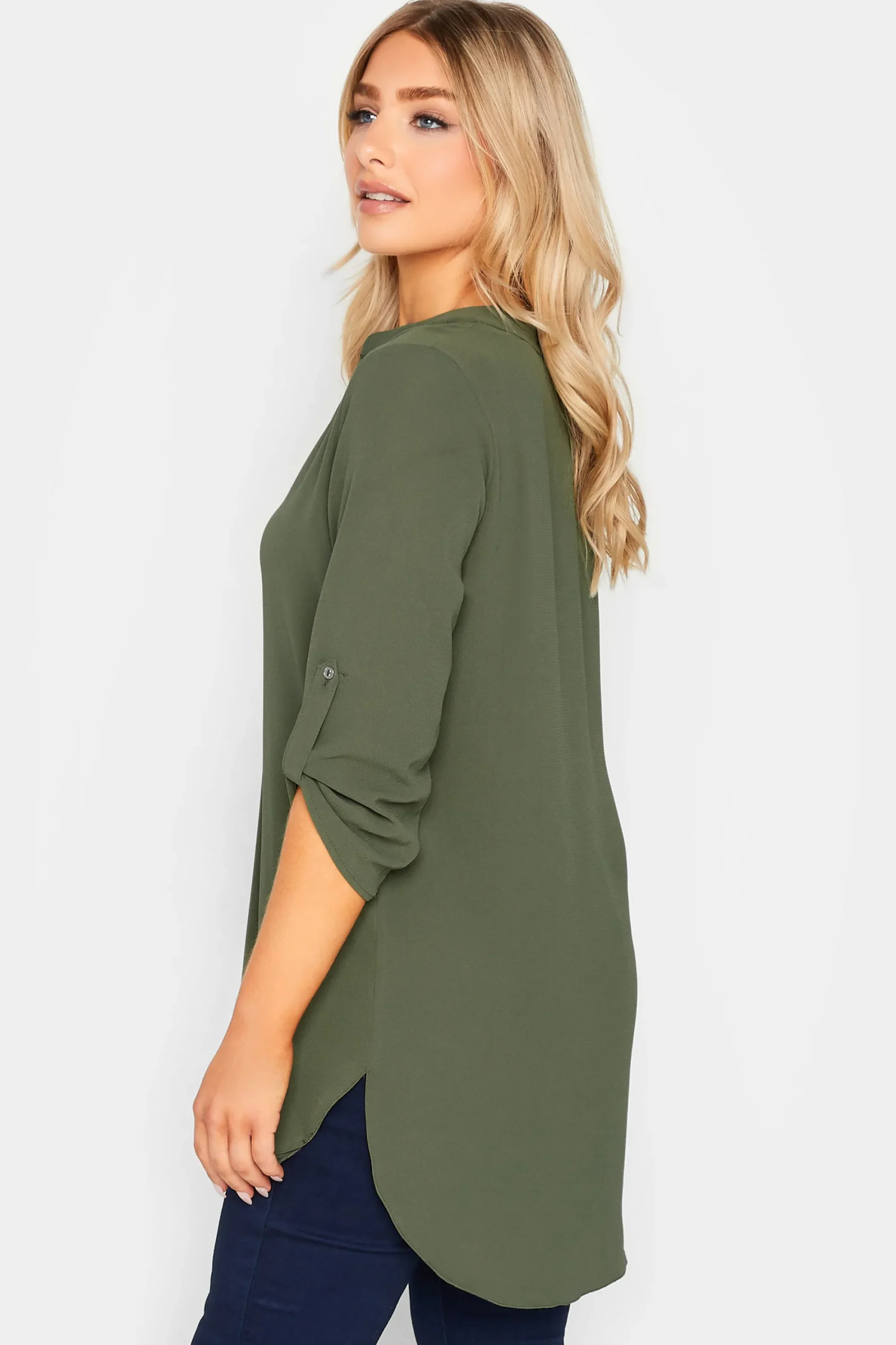 M&Co Womens Khaki Green Statement Button Tab Sleeve Shirt>Women Shirts