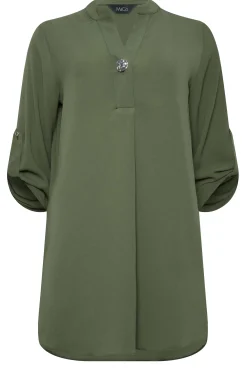 M&Co Womens Khaki Green Statement Button Tab Sleeve Shirt><noscript><img width=