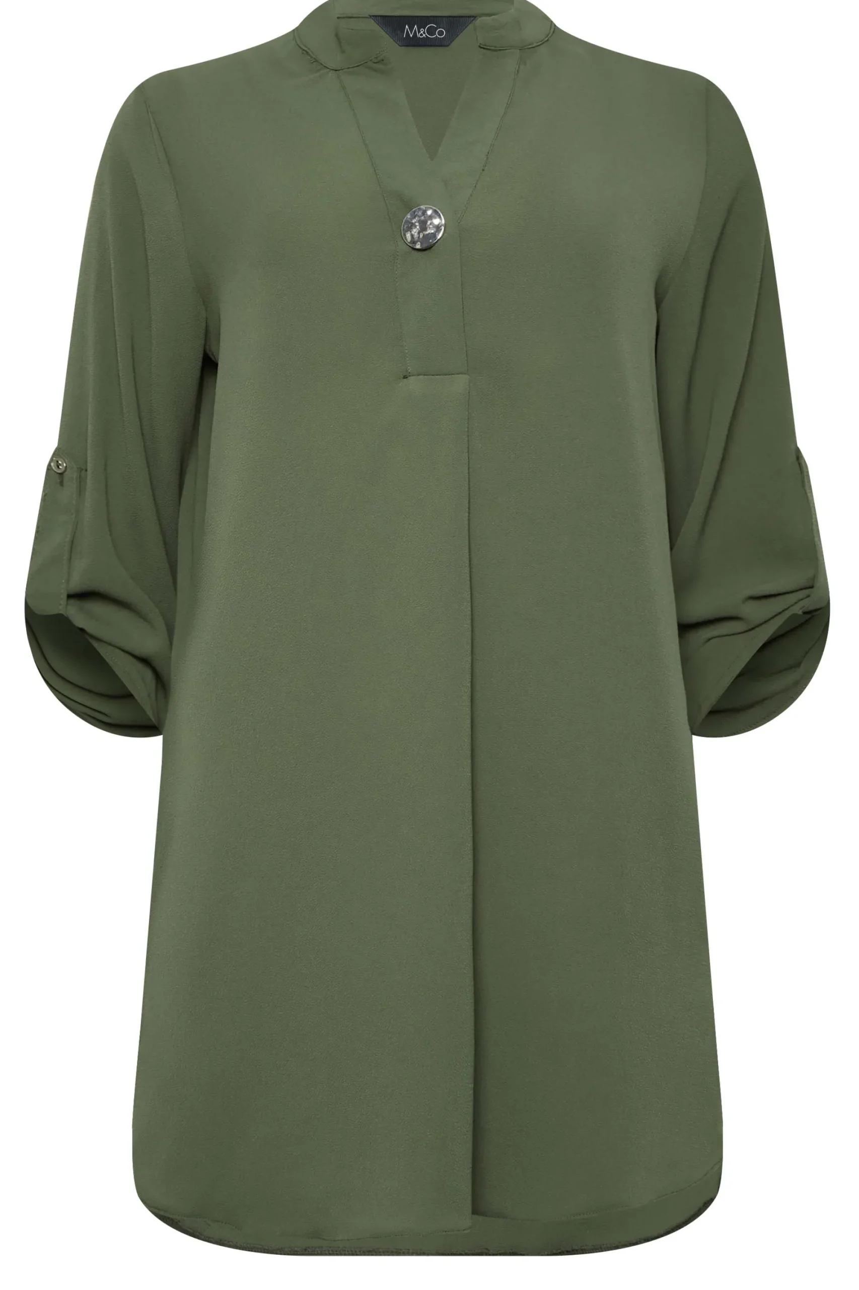 M&Co Womens Khaki Green Statement Button Tab Sleeve Shirt>Women Shirts